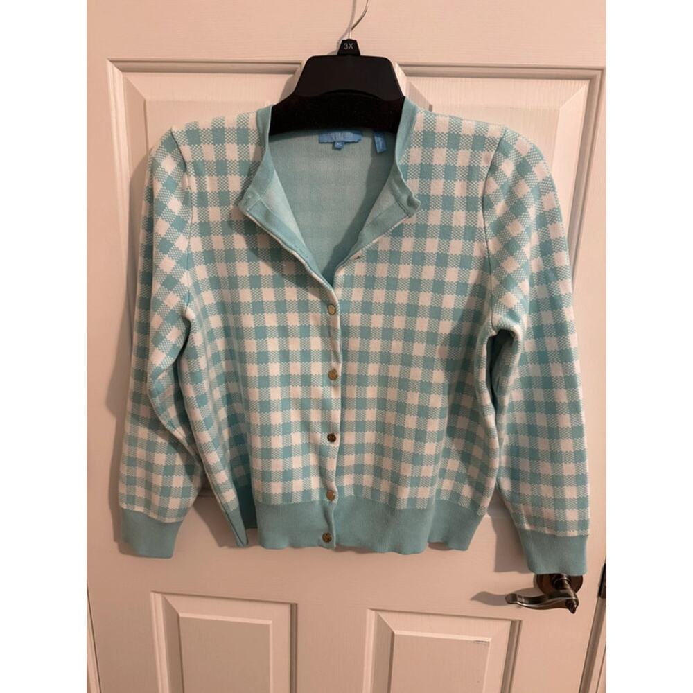 Draper James RSVP Gingham Cardigan Turquoise White Size XL